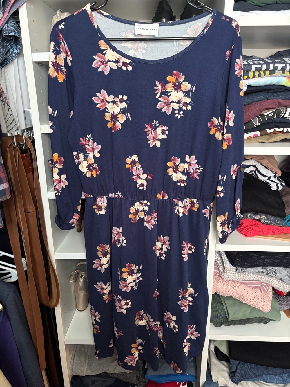 French Grey Navy Floral Midi with Pink and Yellow Blooms